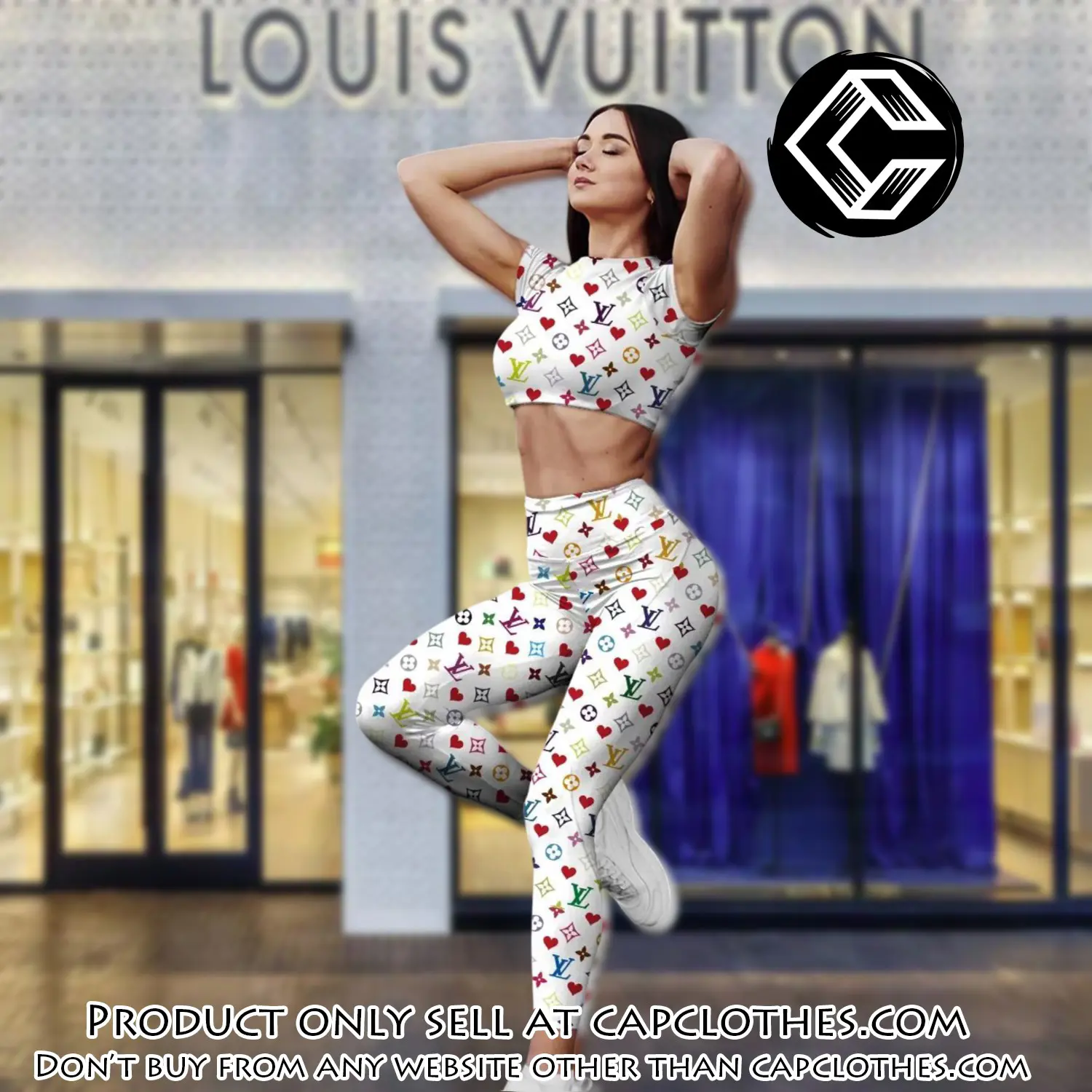 White louis vuitton sportwear combo luxury crop top tshirt and legging for women ctl1004 cc0108521